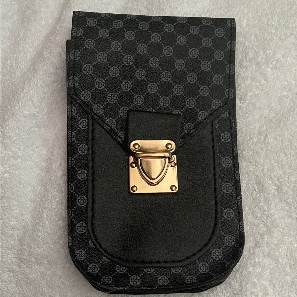 Black Phone Pouch with Gold Push-Lock and chain